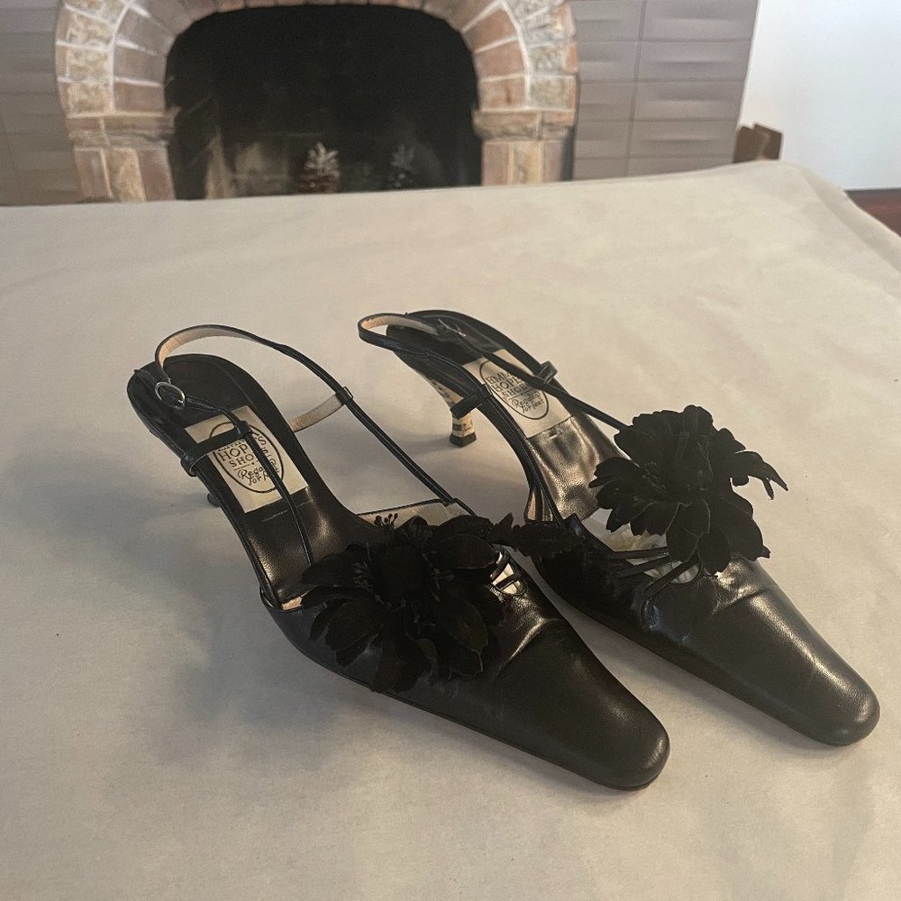 NWT Emma Hope's Shoes Sling Back Leather Heels with black suede flower US 40